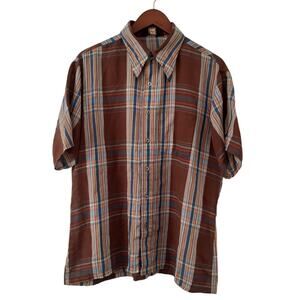 JCPenney Men's Vintage Casual Shirt Brown Blue Striped XL Short Sleeve